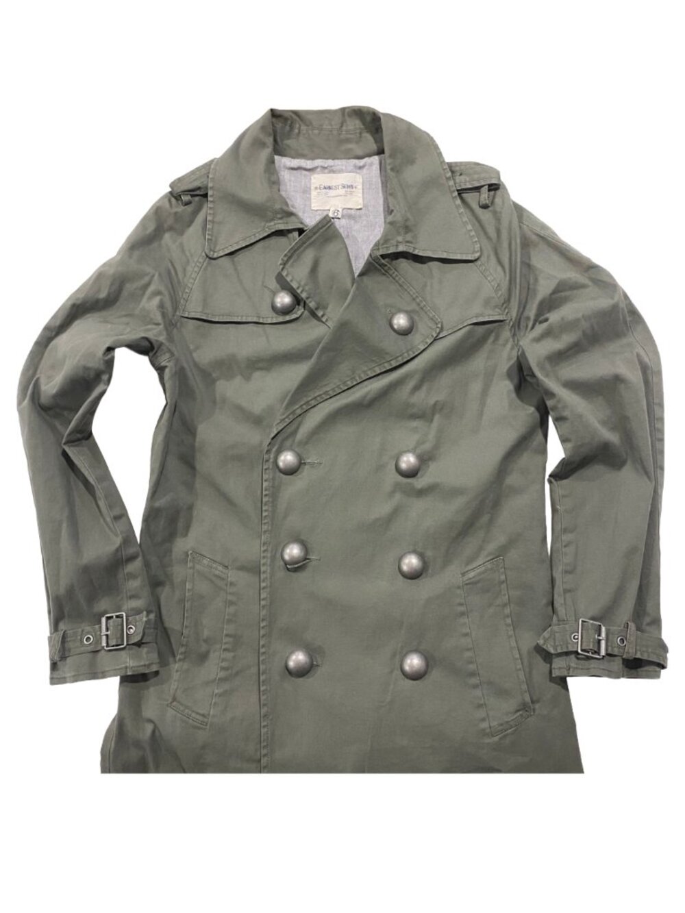 VTG‎ EARNEST SEWN Olive Green Cotton Trench Coat 6 Military Chic Indie Sleaze